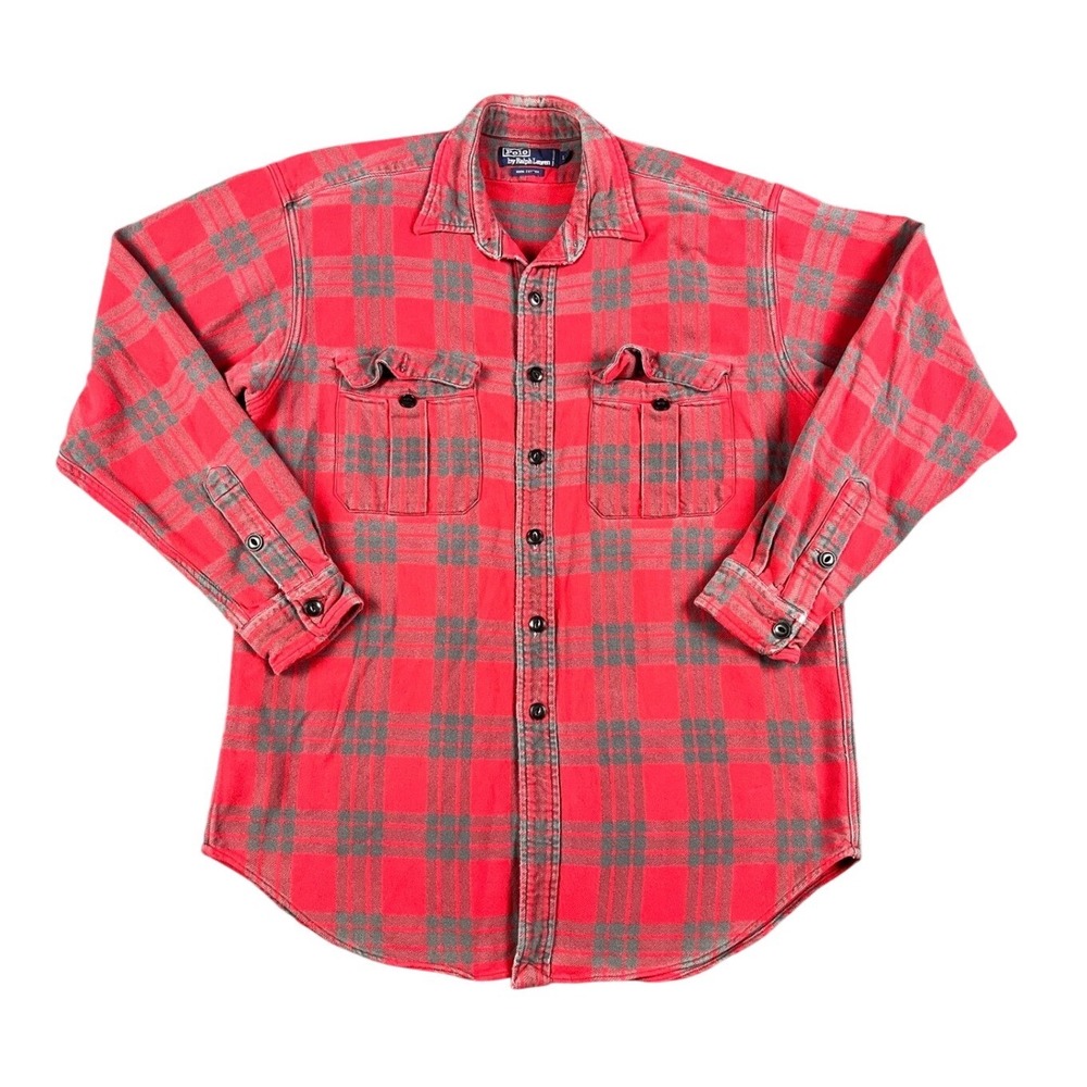 Vintage Polo Ralph Lauren Mens Large Red Plaid Flannel Button Down Shirt Cotton